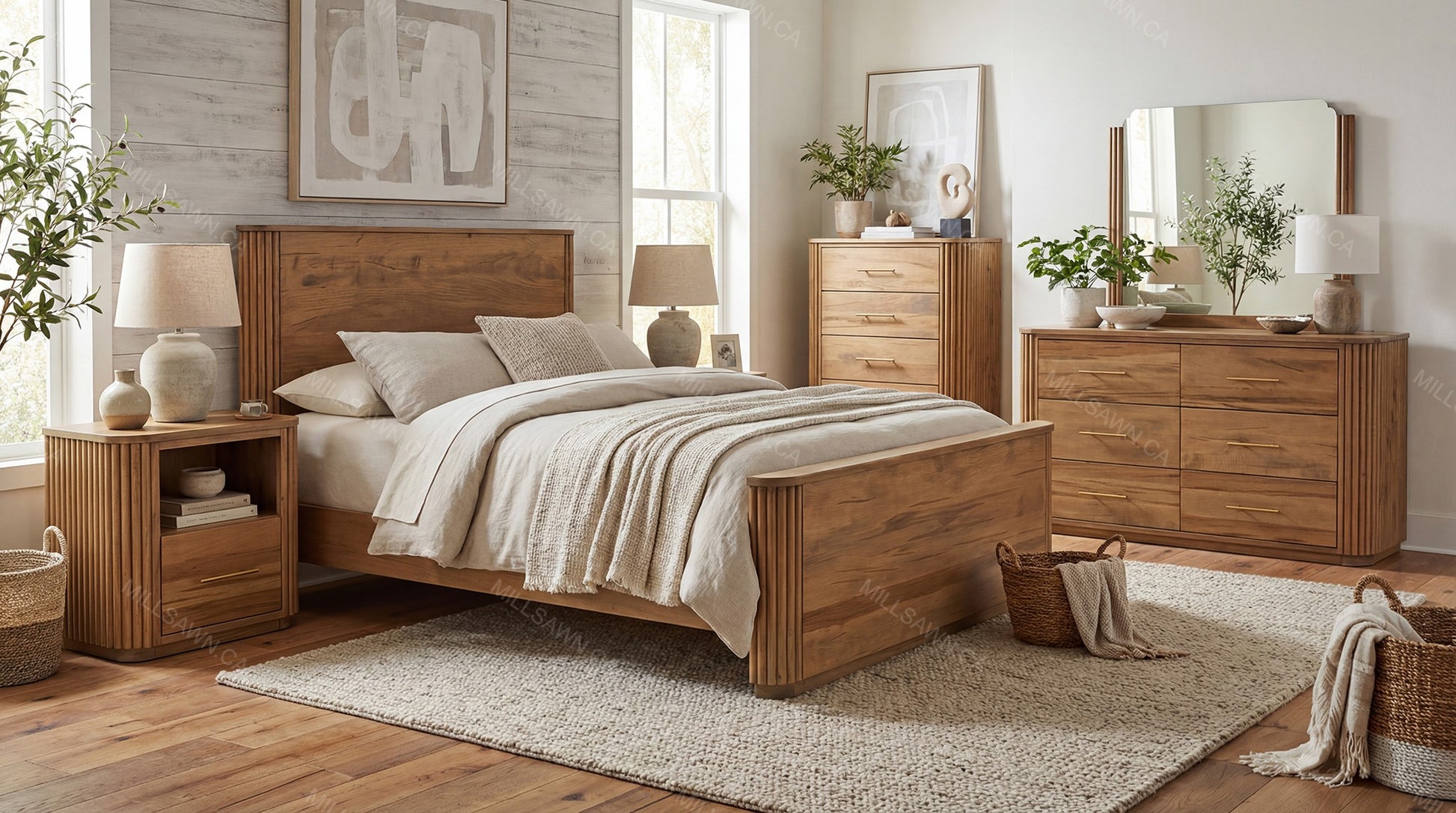 Wooden bedroom furniture set with bed, dressers, and lamps in a well-lit room.