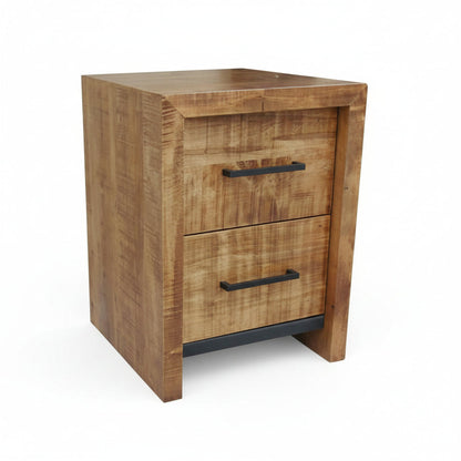 Wooden nightstand with two drawers on a white background