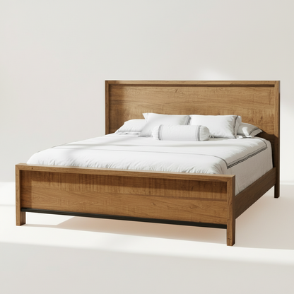 Wooden bed with white bedding on a white background