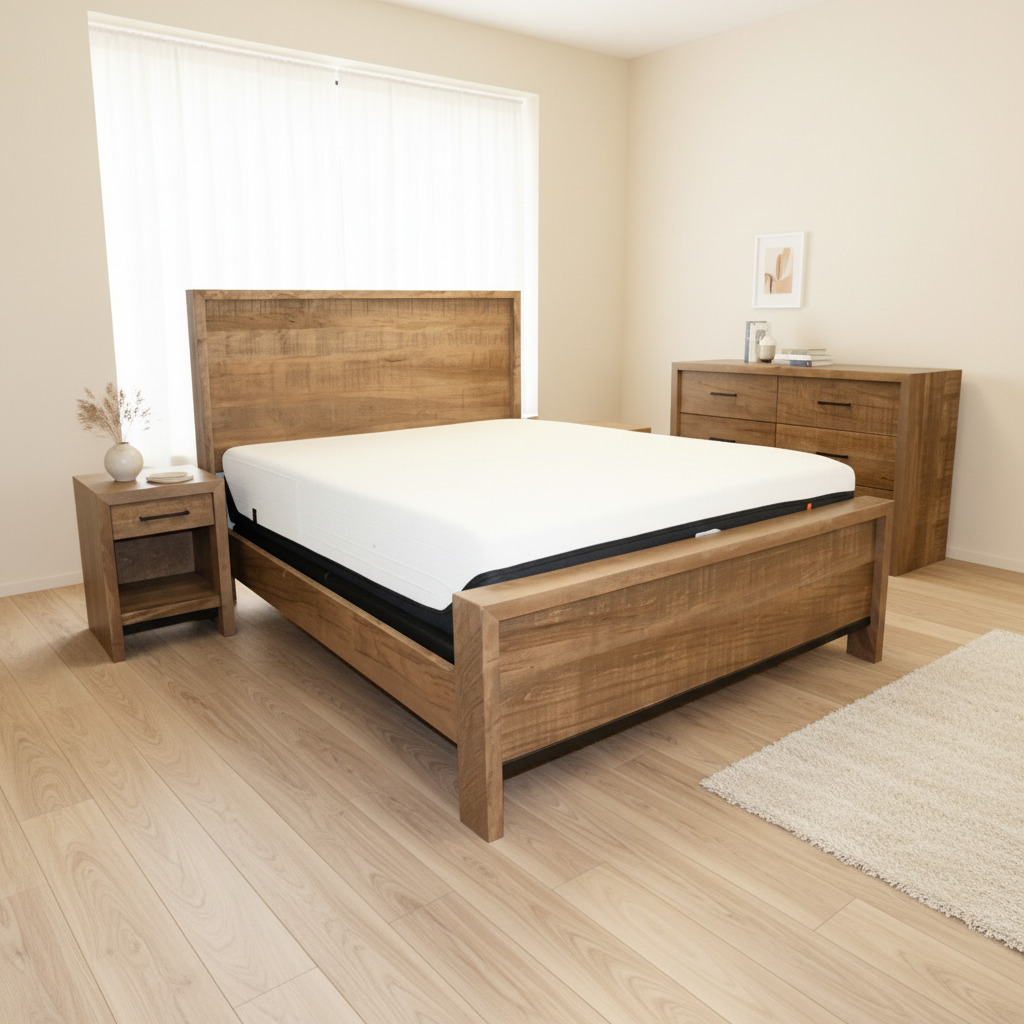 Wooden bed with matching nightstands in a bedroom setting