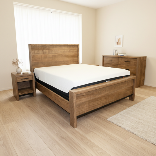 Wooden bed with matching nightstands in a bedroom setting