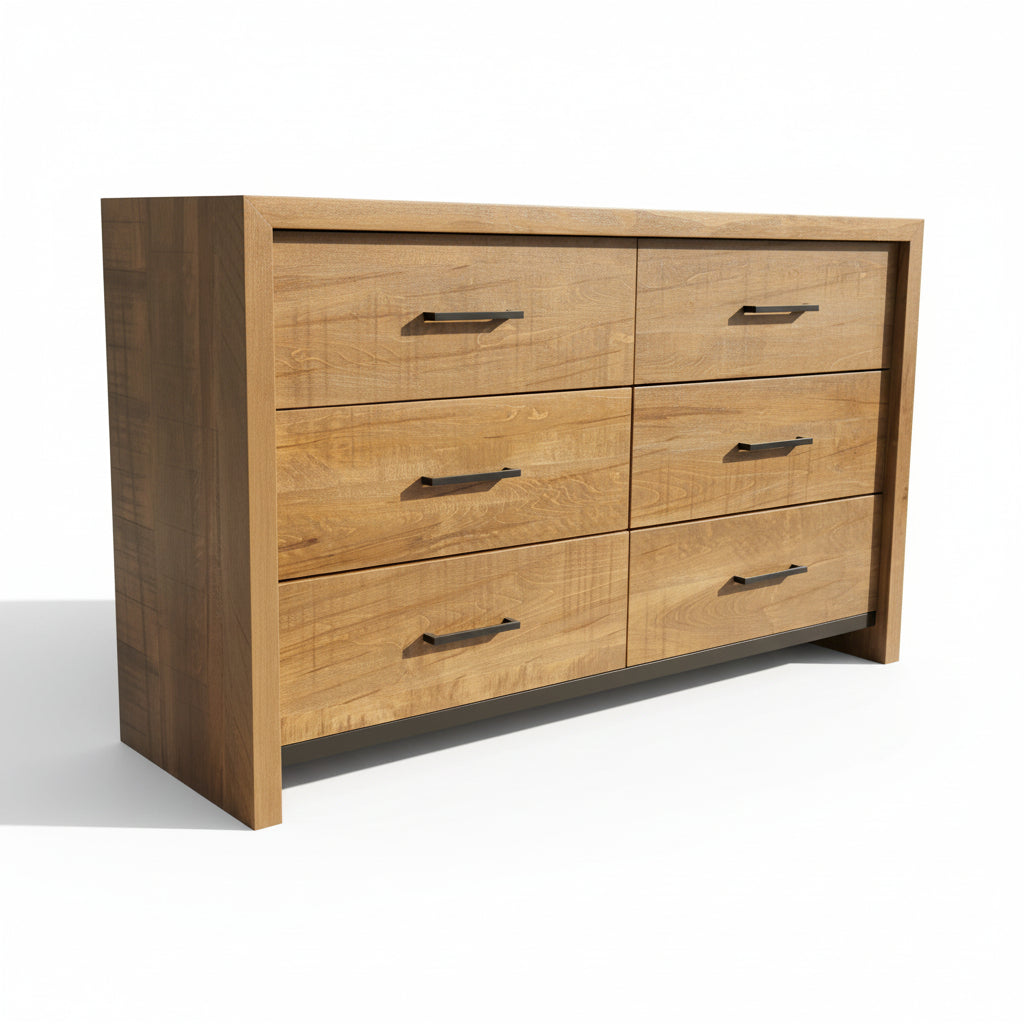 A brown solid wood 6 drawer dresser with a low sheen conversion multilayer wood and texture finish.