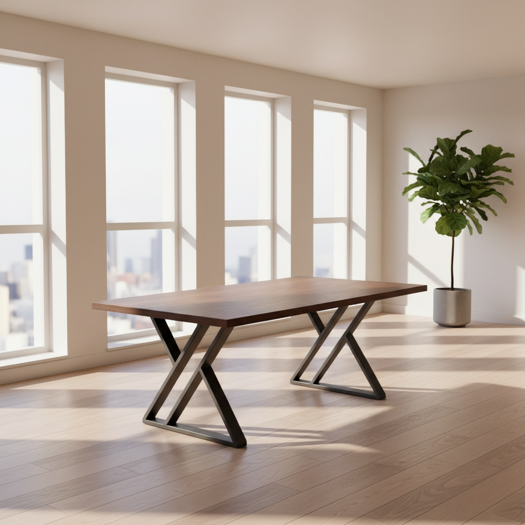 Wooden table with black metal legs on a white background