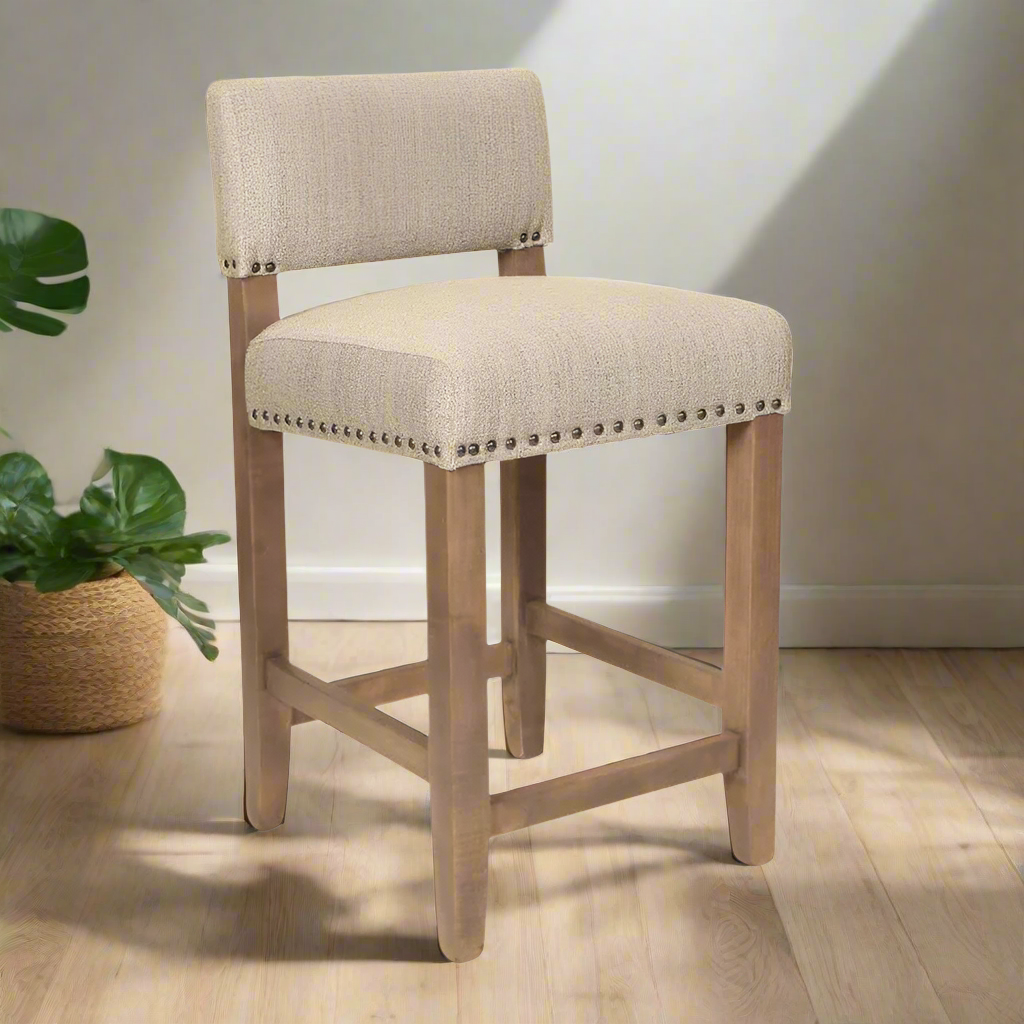 Beige bar stool with wooden frame on a white background